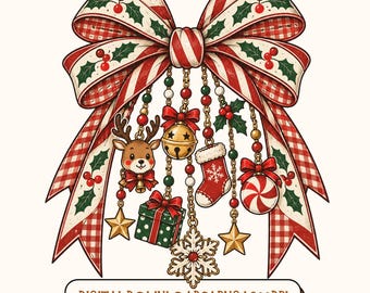 Christmas Bow PNG, Gingham Christmas Bow, Reindeer Bow PNG, Coquette Christmas Shirt Design, Holiday Sublimation, Digital Download