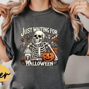 Just Waiting for Halloween Comfort Colors® Shirt, Funny Skeleton Pumpkin Shirt, Spooky Fall Graphic Shirt, Retro Halloween Womens Shirt