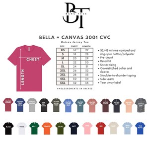The image is a collage of various t-shirt designs and sizes, along with a size chart for a unisex t-shirt.