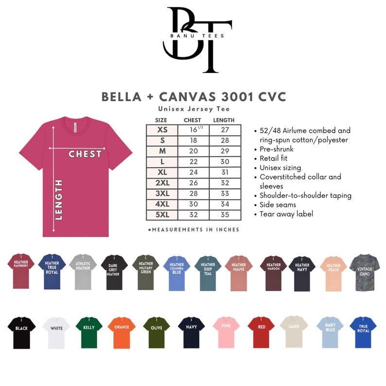 The image is a collage of various t-shirt designs and sizes, along with a size chart for a unisex t-shirt.