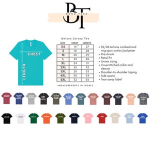 The image is a collage of various t-shirt designs, including different colors and styles, along with a size chart for a unisex jersey t-shirt.