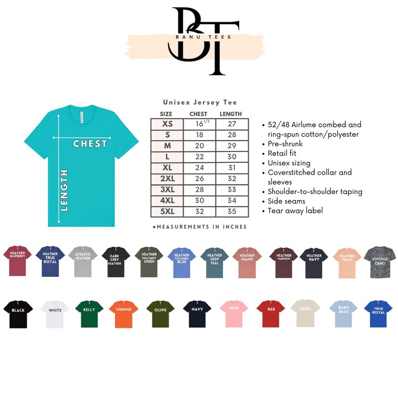 The image is a collage of various t-shirt designs, including different colors and styles, along with a size chart for a unisex jersey t-shirt.