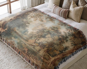 French Verdure Woven Tapestry Wall Hanging, Chateau Style Decor, 100% Cotton Throw Blanket, Vintage French Country Home Decor Gift