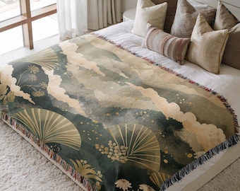 Nature Scenery Woven Blanket, Cozy Japanese Landscape Throw, Floral Mountain Cotton Blanket, Unique Housewarming Gift, Asian Style Decor