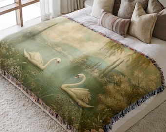 Swan Lake Woven Tapestry Wall Hanging, French Country Vintage Garden Scene, European Landscape Textile Art, Romantic Cottagecore Home Decor