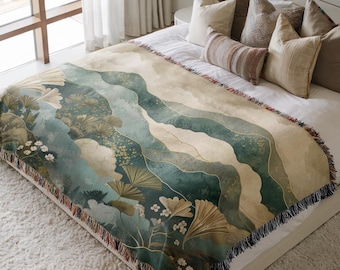 Asian Inspired Woven Throw Blanket, Nature Scenery Floral Art, Layered Mountain Tapestry, Japanese Landscape Cotton Wrap, Artistic Gift