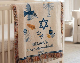Personalized Baby's First Hanukkah Blanket, Custom Name Woven Throw, Jewish Baby Gift, Newborn Keepsake, Hanukkah Nursery Decor, Baby Gift
