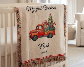 Custom Baby's First Christmas Woven Blanket, Red Truck Holiday Throw with Tree and Gifts, Personalized Newborn Christmas Keepsake