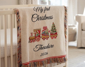 Personalized Baby's First Christmas Blanket, Holiday Train Woven Throw, Custom Newborn Christmas Keepsake Gift, Nursery Holiday Wall Decore