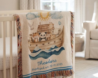 Personalized Woven Baptism Blanket, Noah’s Ark Christian Gift, Custom Name and Date Heirloom Throw, Christening Keepsake, Christmas Present