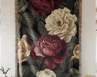 Vintage Rose Woven Blanket, Floral Cotton Throw, Romantic Botanical Tapestry Blanket, Elegant Gift for Mom or Grandma, Rose Art Bedding