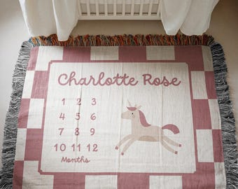 Personalized Baby Girl Milestone Blanket Custom Name Unicorn Monthly Blanket Baby Shower Gift Newborn Keepsake Woven Throw Growth Tracker
