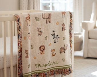 Personalized Woven Baby Blanket, Safari Jungle Animals Nursery Decor, Custom Baby Shower Gift, Newborn Blanket, Cotton Keepsake, Xmas Gift
