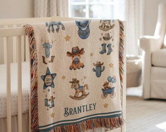 Personalized Woven Baby Blanket, Western Cowboy Boys Throw, Custom Baby Shower Gift, Newborn Name Blanket, Heirloom Keepsake, Christmas Gift