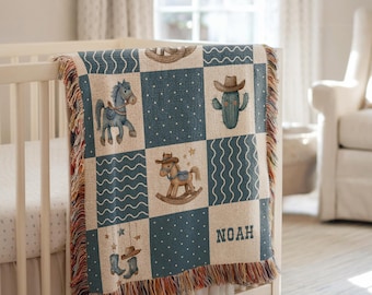 Personalized Woven Baby Blanket, Baby Shower Gift, Western Cowboy Nursery Decor, Rocking Horse Crib Throw, Heirloom Tapestry, Christmas Gift
