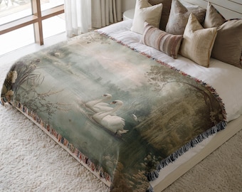 Swan Lake Woven Tapestry Romantic French Country Wall Hanging Cottagecore Vintage Garden European Landscape Textile Art Decor