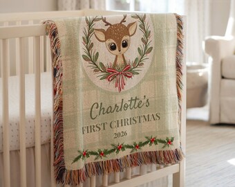 Personalized Baby's First Christmas Reindeer Blanket, Custom Name Holiday Throw, Nursery Decor Keepsake Newborn Gift, Newborn Heirloom Throw