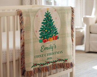 Baby's First Christmas Tree Woven Blanket, Personalized Holiday Throw with Name, Custom Newborn Keepsake, Christmas Baby Shower Gift