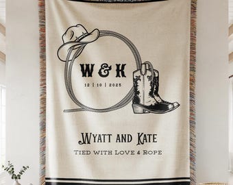 Personalized Cowboy Blanket with Names, Date & “Tied with Love”, Western Couple Gift for Wedding, Anniversary, Engagement or Valentine's Day