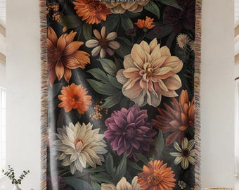 Wildflower Woven Blanket, Floral Cotton Throw, Botanical Tapestry, Cozy Vintage Home Decor, Gift for Her or Nature Lover, Housewarming Gift