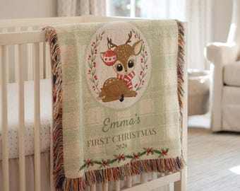 Baby's First Christmas Reindeer Woven Blanket, Custom Holiday Throw, Newborn Gift, Personalized Nursery Decor, Heirloom Keepsake