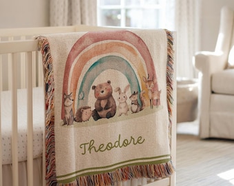 Personalized Woven Baby Blanket, Newborn Blanket, Baby Shower Gift, Woodland Forest Animal Nursery Decor, Heirloom Keepsake, Christmas Gift