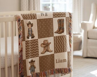 Personalized Woven Baby Blanket, Baby Shower Gift, Western Cowboy Nursery Decor, Horse & Boots Throw, Newborn Name Blanket, Christmas Gift