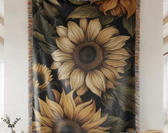 Vintage Sunflower Tapestry Blanket, Elegant Floral Woven Throw, Botanical Cotton Blanket, Cozy Cottagecore Gift for Mom or Newlyweds