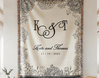 Personalized Couple Woven Blanket with Names & Date, Elegant Floral Wedding Throw, Anniversary or Engagement Gift, Bridal Shower Present