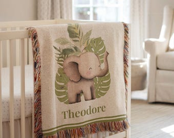 Personalized Woven Baby Blanket, Safari Elephant Nursery Decor, Custom Baby Shower Gift, Newborn Blanket, Cotton Keepsake, Christmas Gift