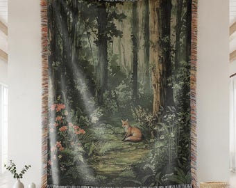 Fox Woodland Forest Woven Blanket, Rustic Nature Throw, Serene Countryside Tapestry, Cozy Cabin & Cottagecore Decor, Enchanted Forest Throw