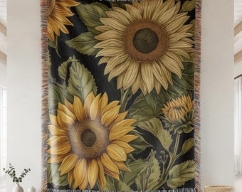 Sunflower Woven Blanket, 100% Cotton Floral Throw, Cozy Cottagecore Home Decor, Gift for Mom or Grandma, Boho Sunflower Tapestry Throw