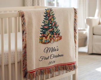 Personalized Baby's First Christmas Woven Blanket, Holiday Throw with Tree, Rocking Horse & Presents, Newborn Keepsake, Nursery Xmas Decor