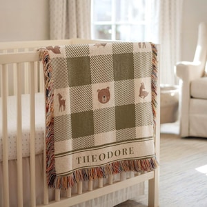 Manta para bebé con estampado de bosque, manta tejida a cuadros, manta personalizada con nombre, manta para niños pequeños con animales del bosque, regalo para baby shower, tapiz personalizado.