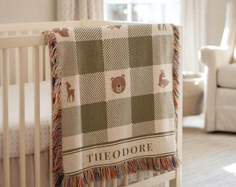 Woodland Baby Blanket Checkered Woven Blanket Custom Name Forest Animal Toddler Blanket Baby Shower Gift Personalized Tapestry Throw