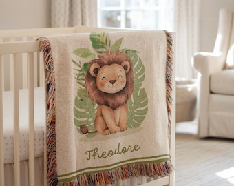 Personalized Woven Baby Blanket, Lion Safari Nursery Decor, Custom Baby Shower Gift, Newborn Name Blanket, Cotton Keepsake, Christmas Gift