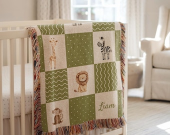 Personalized Woven Baby Blanket, Baby Shower Gift, Newborn Blanket, Checkered Safari Nursery Decor, Toddler Cotton Keepsake, Christmas Gift
