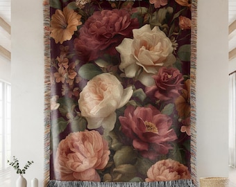 Vintage Floral Woven Cotton Blanket, Cottagecore Throw