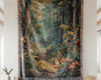 Enchanted Forest Fox Woven Blanket, Nature Tapestry Throw, Magical Woodland Scene, Forestcore Home & Rustic Decor, Rustic Cabin Home Decor
