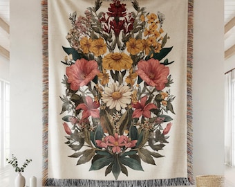 Botanical Floral Blanket, Vintage Cottagecore Throw, Aesthetic Home Gift, Present for Mom or Grandma, Wildflower Tapestry, Garden Lovers