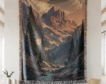 Outdoors Mountains & Forest Throw Blanket, Nature Woven Landscape Tapestry, Cabin Lodge Décor Gift, Camper Van Blanket, Road Trip Throw