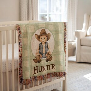 Manta de cuna personalizada de vaquero occidental, manta tejida para bebé con nombre, regalo de algodón para guardería, manta con nombre para recién nacido, tapiz para niño pequeño