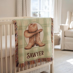 Manta de bebé personalizada estilo country western, manta tejida con nombre de vaquero, manta para cuna de caballo, manta con nombre para recién nacido, manta tapiz para niño pequeño