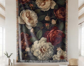Luxury Floral Rose Woven Blanket, Vintage Botanical Cotton Throw, Classic Romantic Blanket,  Garden & Flower Lovers Gift, Cottagecore Decor