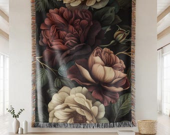 Luxury Burgundy Rose Woven Blanket, Victorian Inspired Floral Throw, Cozy Romantic Tapestry Blanket, Perfect Gift for Her, Cottagecore Decor