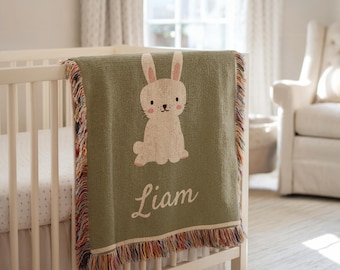Personalized Bunny Baby Woven Blanket, Custom Name Baby Blanket, Woodland Rabbit Newborn Gift, Boho Baby Shower Blanket, Soft Nursery Throw