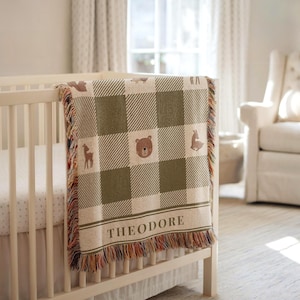 Woodland Baby Blanket Checkered Woven Blanket Custom Name Forest Animal Toddler Blanket Baby Shower Gift Personalized Tapestry Throw