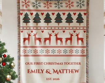 Personalized First Christmas Together Woven Blanket, Custom Couple Christmas Gift, Newlywed Holiday Throw, Nordic Reindeer Fair Isle Decor