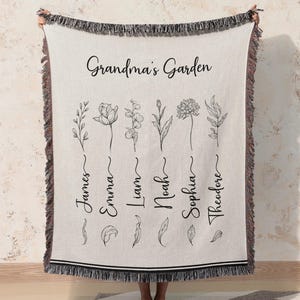 Personalized Grandma&#39;s Garden Woven Blanket, Custom Woven Throw with Grandkids&#39; Names and Flowers, Unique Gift for Grandmother or Mom
