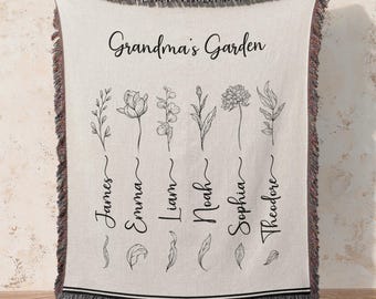 Personalized Grandma's Garden Woven Blanket, Custom Woven Throw with Grandkids' Names and Flowers, Unique Gift for Grandmother or Mom